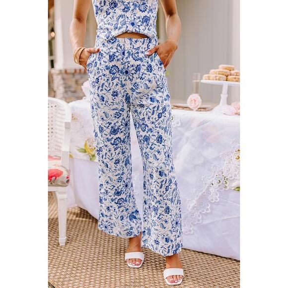 NWT Oliviaceous Wide Leg Blue Summer Soirée High Waist Linen Blend Pants S - Picture 1 of 11